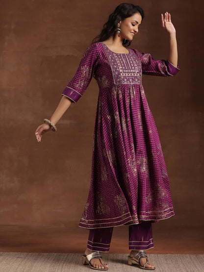 Libas Purple Silk Blend Printed Kurta Sets For Women