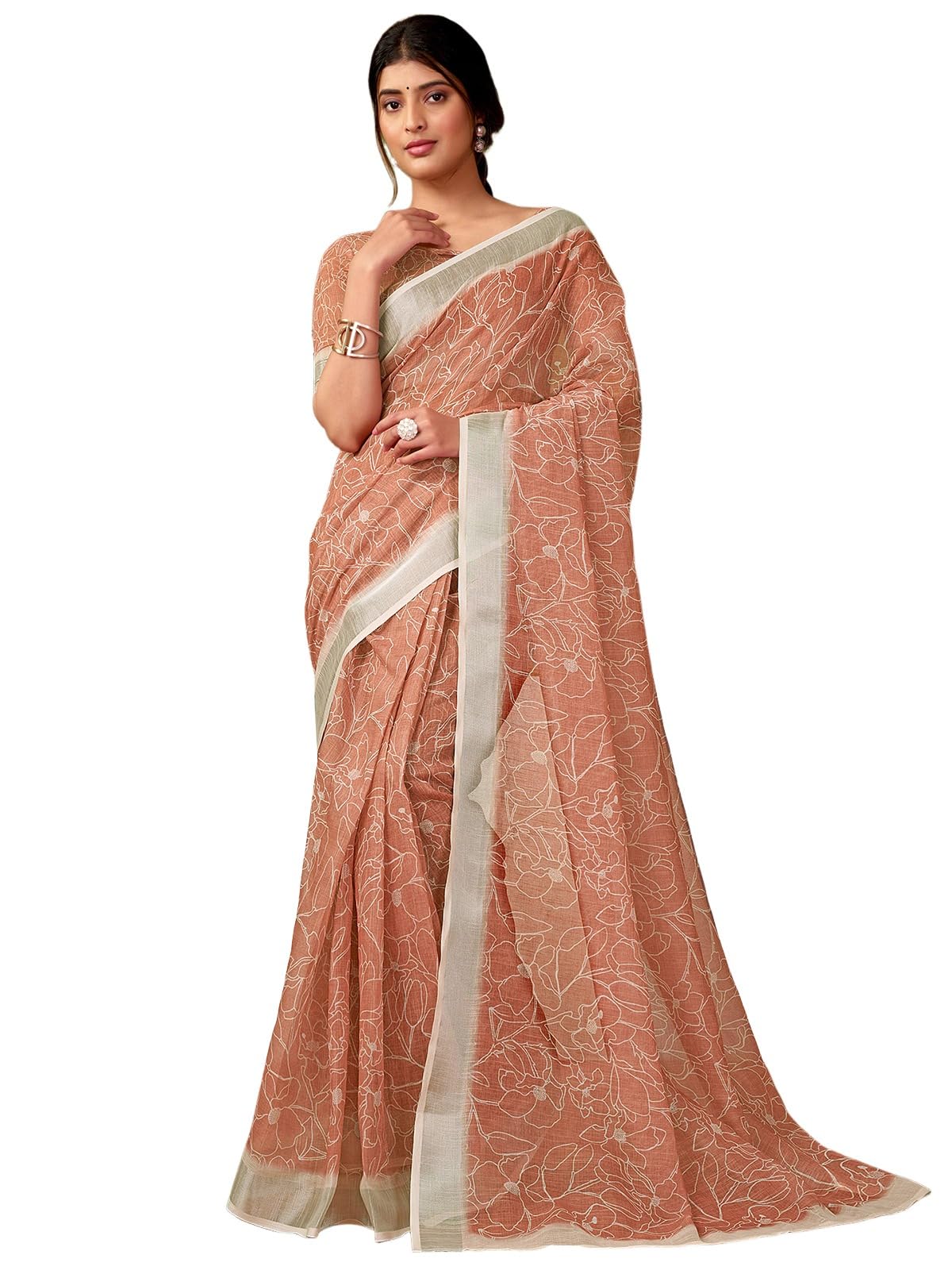 Satrani Womens Linen Printed & Zari Border Ready To Wear One Minute Pre Pleated Readymade Saree with Unstitched Blouse Piece (3