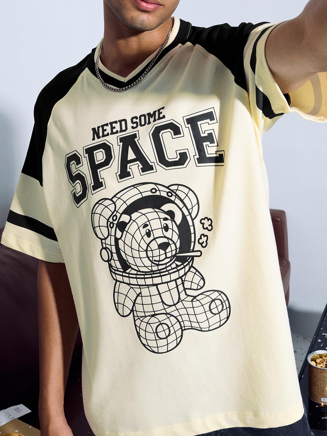 The Souled Store Ted The Stoner: Need Some Space Men and Boys Short Sleeves Round Neck Light Yellow Graphic Printed Cotton Overs