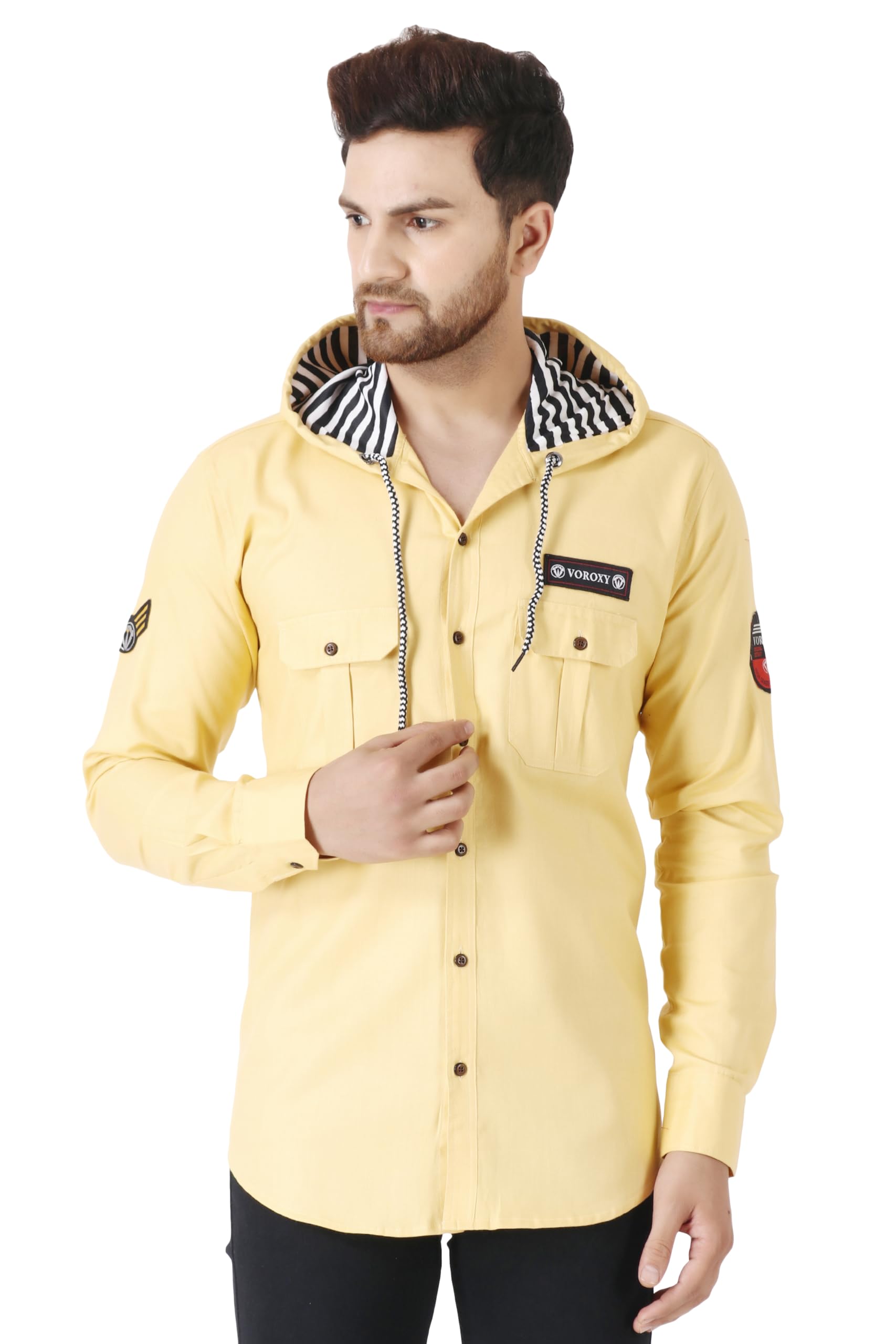 Besix MenS Gold Tailored Fit Cotton Blend Shirt For Man With Hoodie - Casual Long Sleeve Shirt With Pockets - Patch Detail For