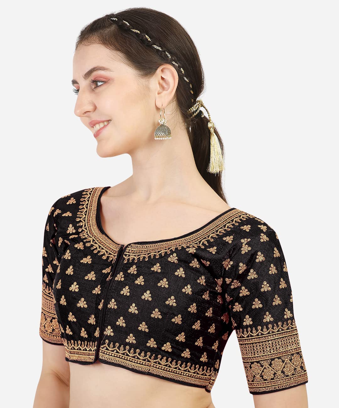 Pujia Mills WomenS Silk Embroidery Sequins Work Readymade Saree Blouse