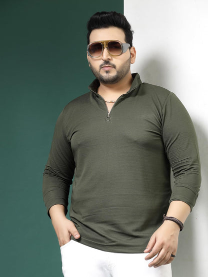 Rigo Polyester Plus Size T-Shirt for Men | High Neck, Slim Fit T-Shirt for Men | Solid Casual Plus Size T-Shirts Army Green