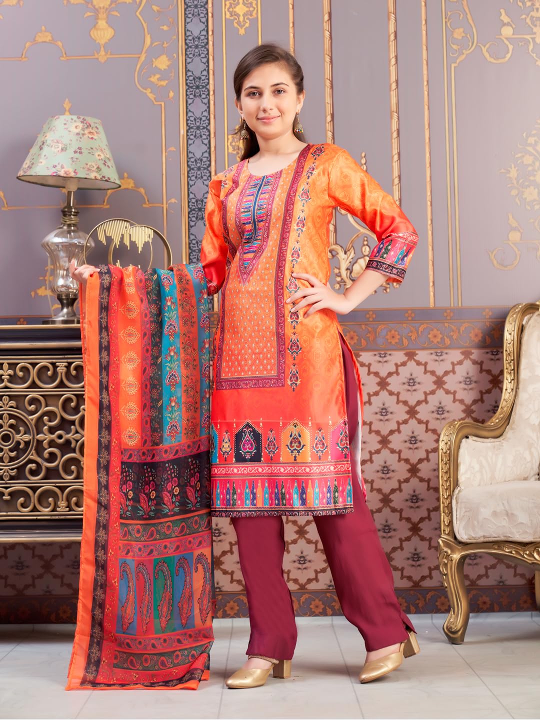 Aarika Girls Ethnic Wear Orange-Wine Colour Abstract Embalished Satin Kurti Pant Set-8-15 Years (Kp-Tr-K-1039)