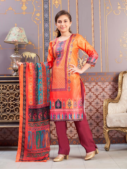 Aarika Girls Ethnic Wear Orange-Wine Colour Abstract Embalished Satin Kurti Pant Set-8-15 Years (Kp-Tr-K-1039)