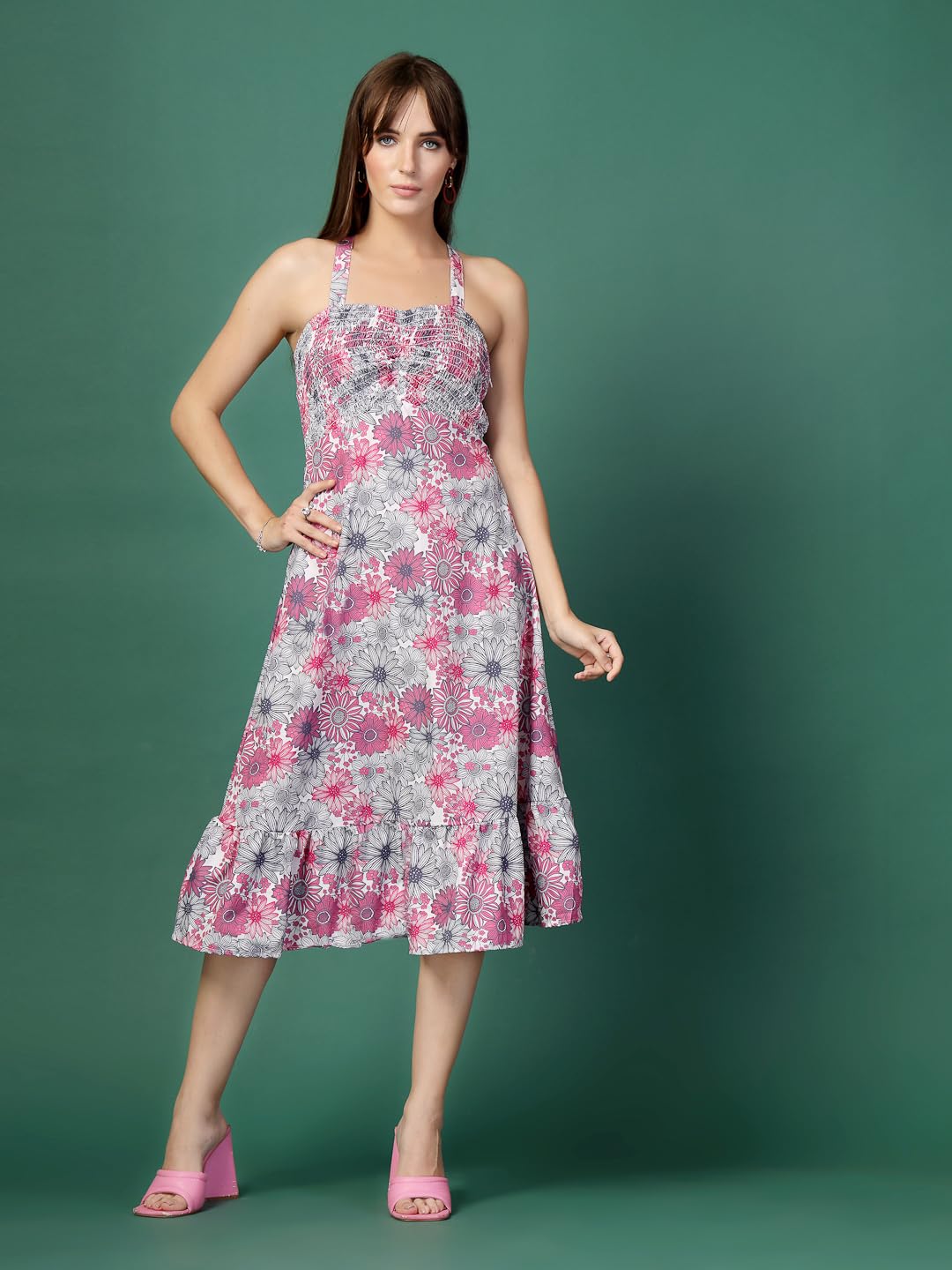 Oomph! WomenS Western & Fusion Wear Printed Crepe Dress For Women, Smocked Bodice, Pink - Md1058