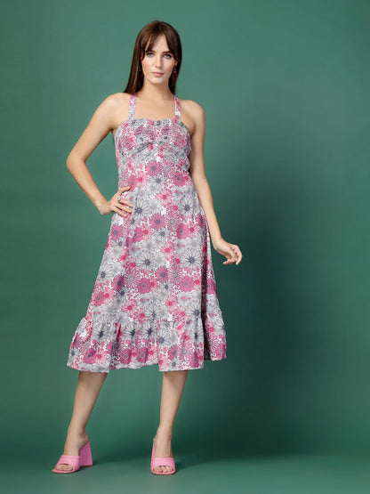Oomph! WomenS Western & Fusion Wear Printed Crepe Dress For Women, Smocked Bodice, Pink - Md1058