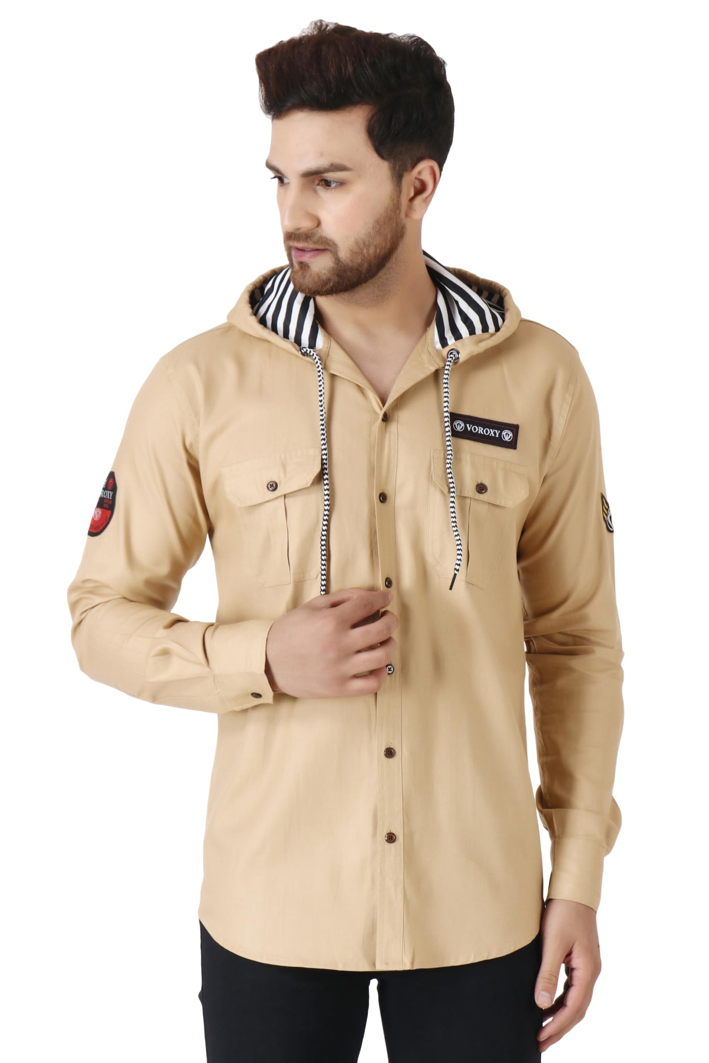 Besix MenS Brown Tailored Fit Cotton Blend Shirt For Man With Hoodie - Casual Long Sleeve Shirt With Pockets - Patch Detail For