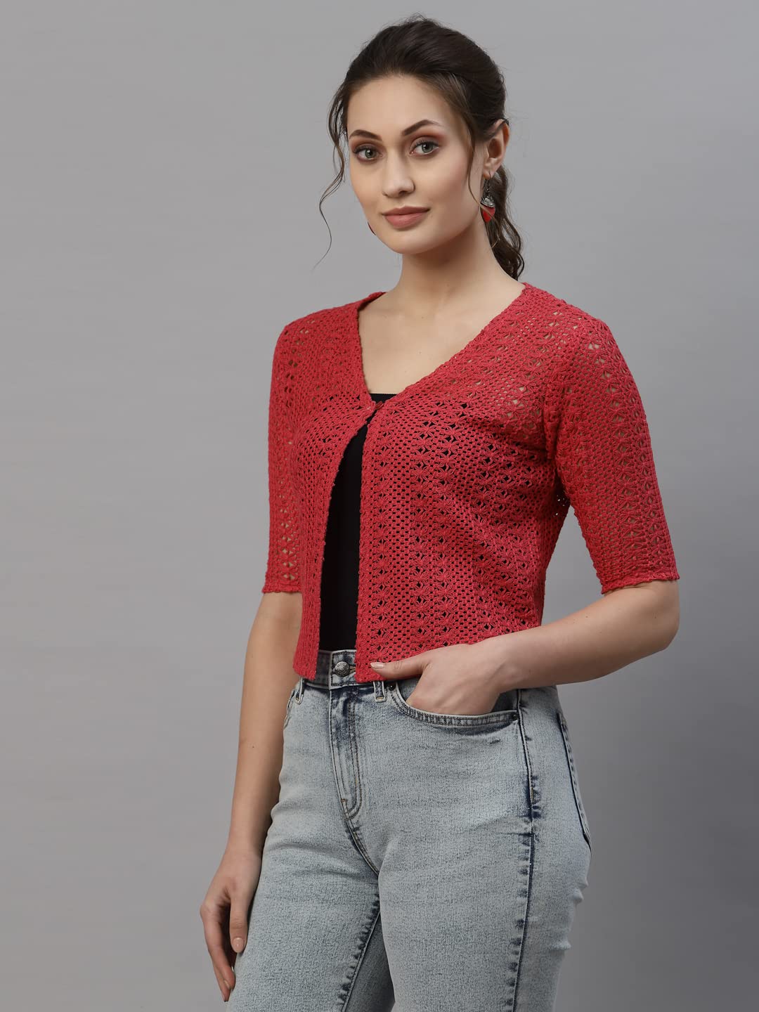 Style Quotient Women Self Design Red Cotton lace Regular Smart Casual Shrug
