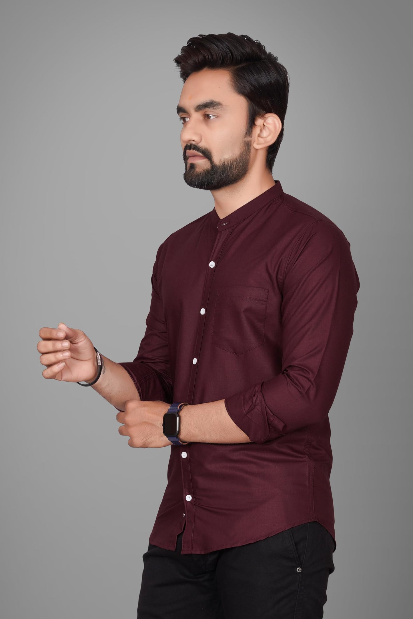 Besix MenS Cotton Solid Shirt With Mandarin Collared Full Sleeve Button Closure Curved Hem Straight Length And One Pocket | Mdr