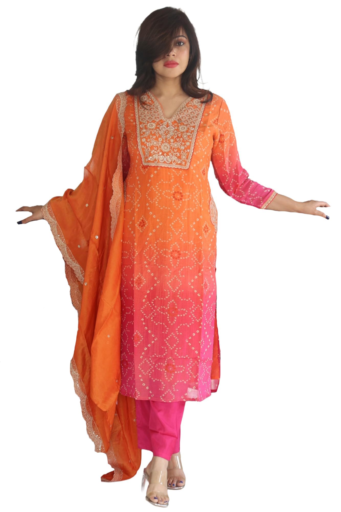 Anni Designer WomenS Rayon Viscose Bandhani Printed Straight Kurta With Pant & Dupatta (Darpad Orange_Xl_Orange_X-Large)