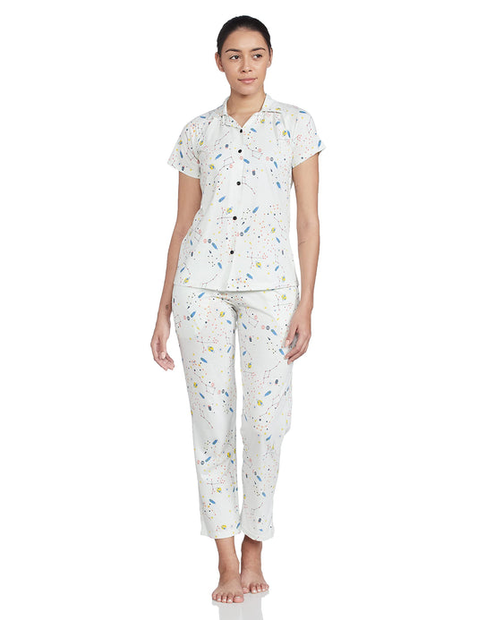 Clovia Womens Cotton Button Me Up Shirt & Pyjama Set (LS0025A03_Blue_M)