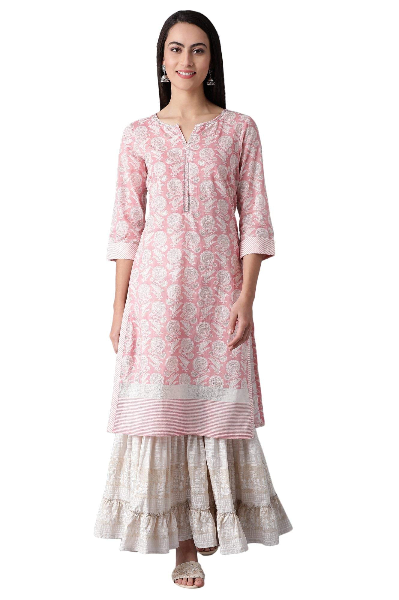 W For Woman Light Pink Floral Printed Cotton Regular Kurta with Sequins