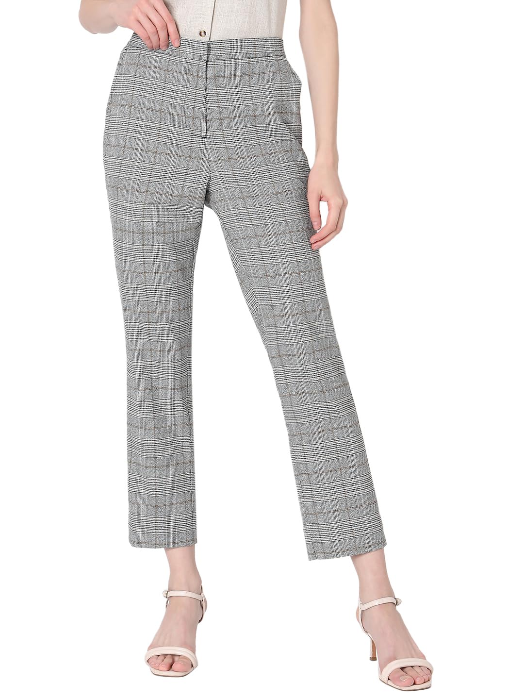 Vero Moda Grey Mid Rise Check Pants