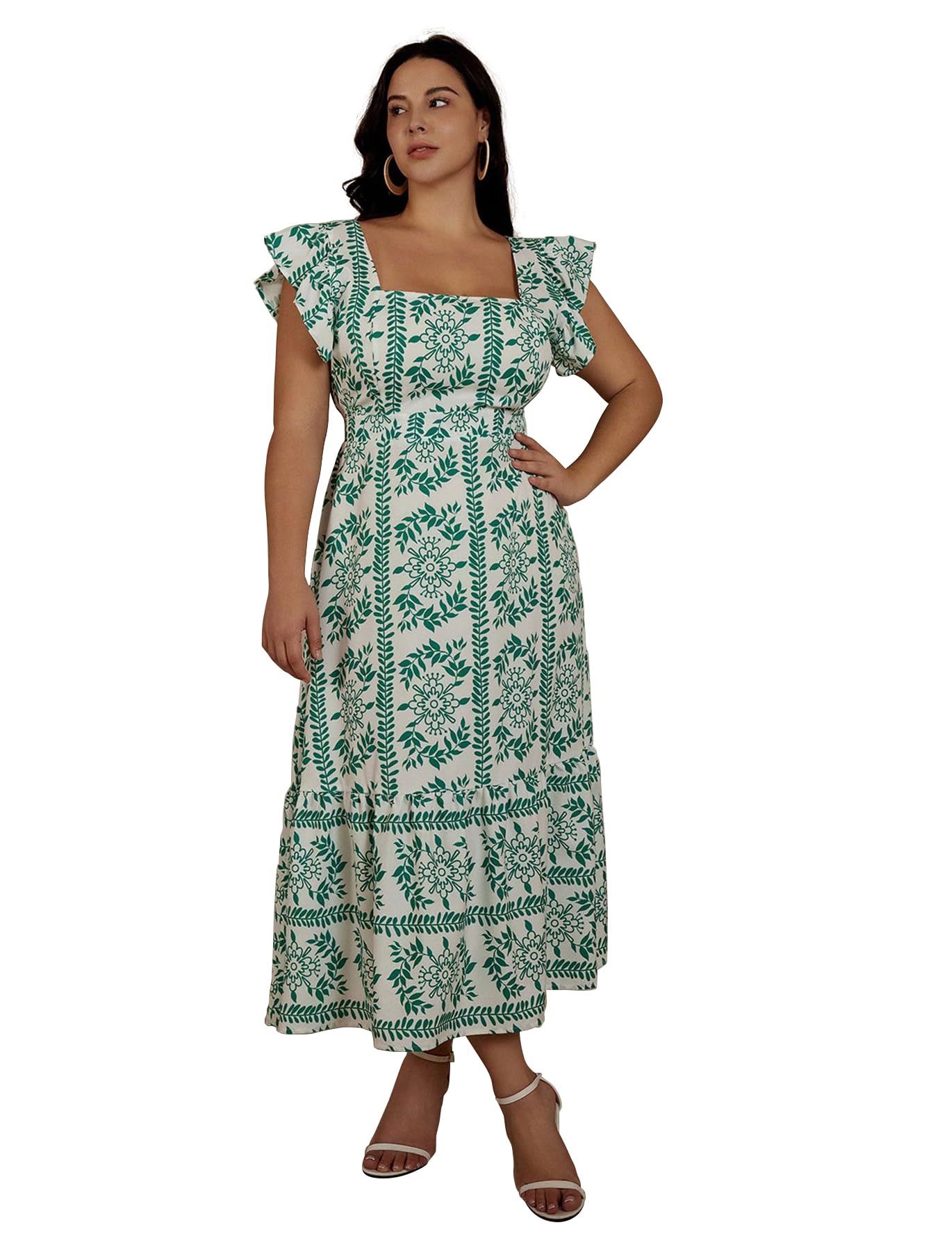 Shasmi GirlS & WomenS White And Green Boho Random Print Casual Vacation Ruffled Square Neck Short Sleeve Summer Dresses With A