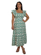 Shasmi GirlS & WomenS White And Green Boho Random Print Casual Vacation Ruffled Square Neck Short Sleeve Summer Dresses With A