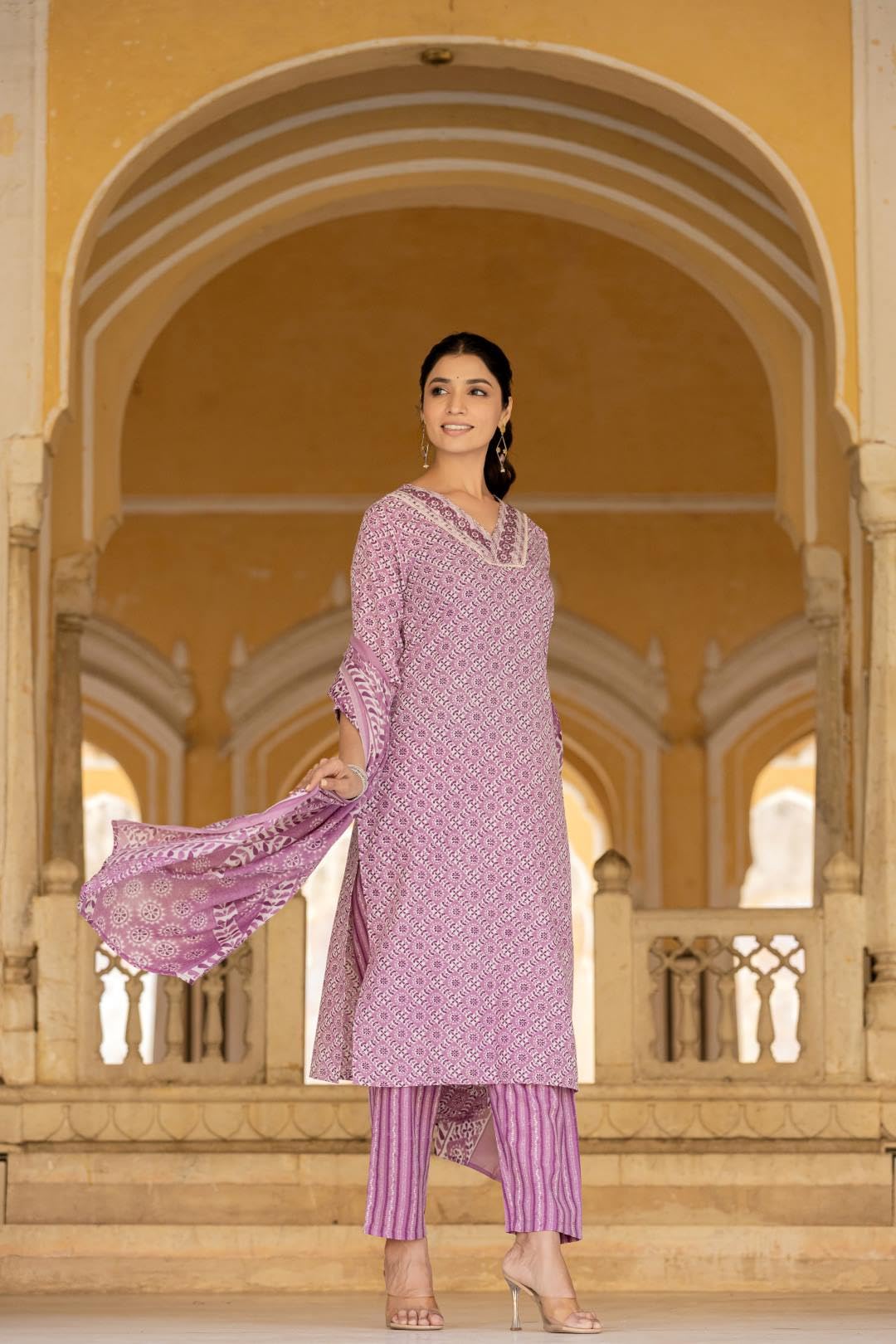 Varanga Women Maroon V Neck A-Line Flared Kurta Paired with Kurta Bottom Set