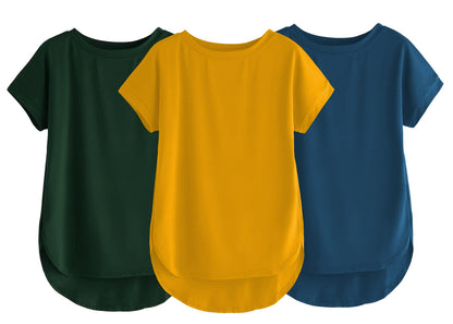 Fabricorn Combo Of Three Plain Bottle Green, Mustard Yellow And Airforce Blue Round Neck Up And Down Cotton Tshirt For Women (Bo