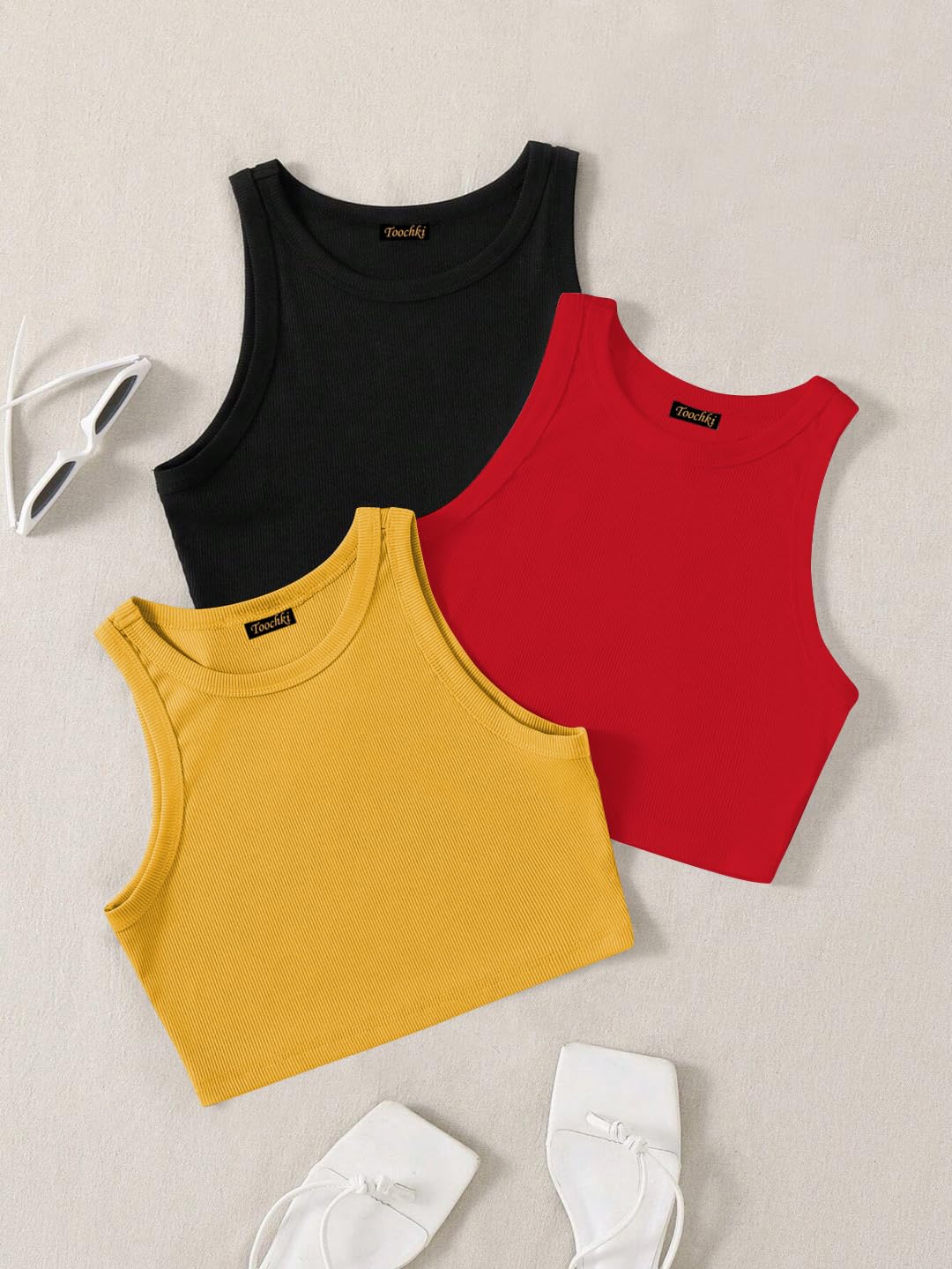 Toochki Tops for Woman | Spandex Top | Crop | Short | Western | for Jeans | Sleeveless | Stretchable | Pack of Three | Black-RED
