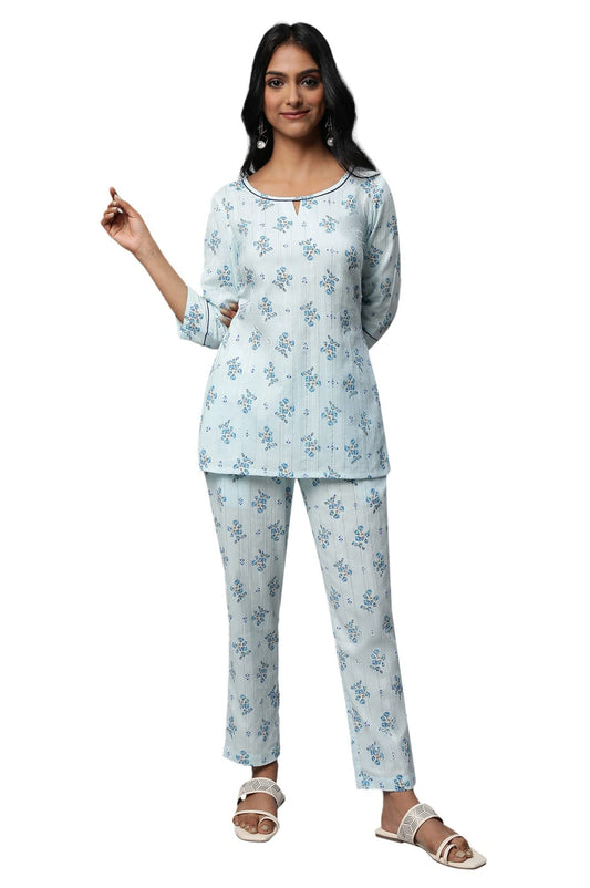 Blue Floral Print Summer Kurti Co-Ord Set