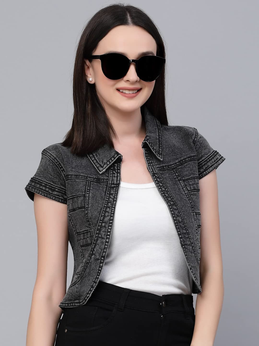 Style Quotient Women Black Acid wash Denim Shrug