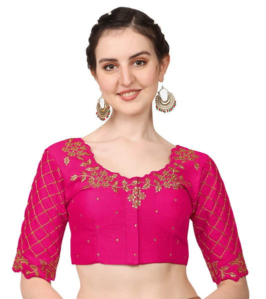 Vihu Fashion Womens Phantom Silk Half Sleeve Embroidery Handwork, Rough Cut Work Stone Work Readymade Blouse