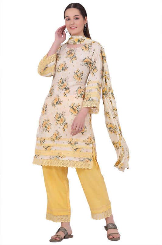 Aurelia Women's Yellow Printed Straight Kurta with Palazzo & Dupatta Set