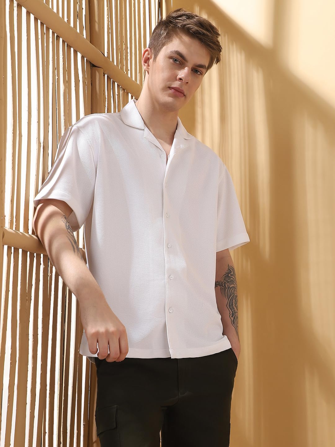 Dennis Lingo Men Relaxed Fit White Half Sleeves Polyester Casual Shirt