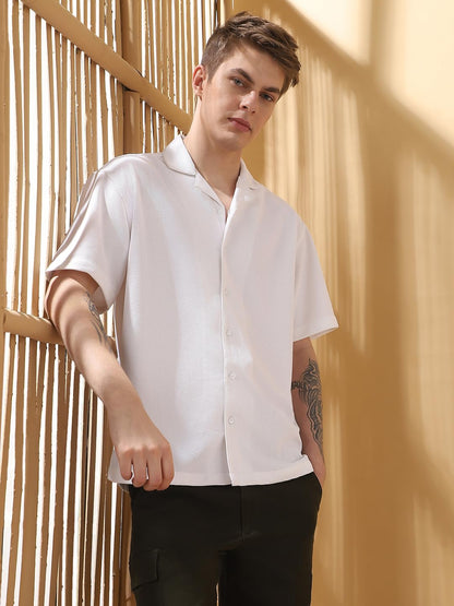 Dennis Lingo Men Relaxed Fit White Half Sleeves Polyester Casual Shirt