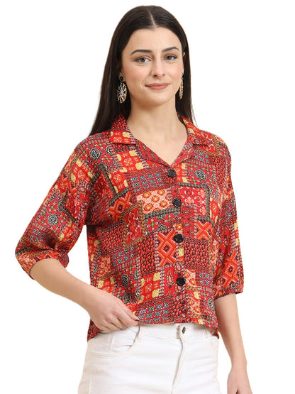 Vairagee Women Cotton Blend Red Striped Pattern V-Collar Three Quarter Sleeves Stylish Boxy Shirt (1730_2)