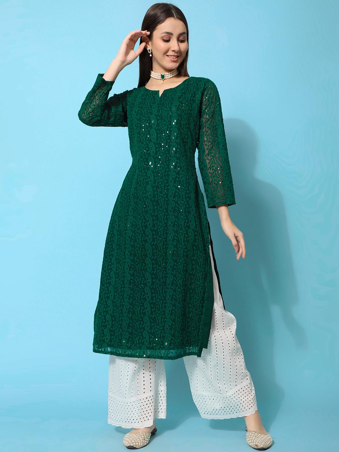 Gufrina WomenS Georgette Straight Kurta Palazzo With Notch Neck 3/4Th Sleeves Solid Pattern Chikankari Work Calf Length And Reg