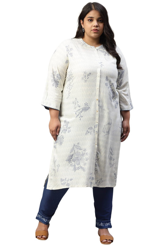 W for Woman Plus Size Ecru and Blue Button Down Kurta