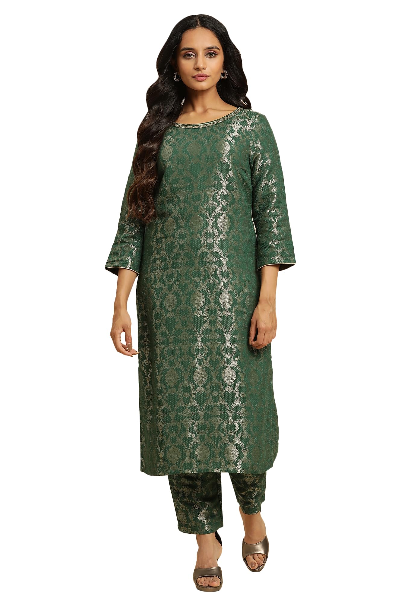 Green Rayon Jacquard Kurta And Pant Festive Set
