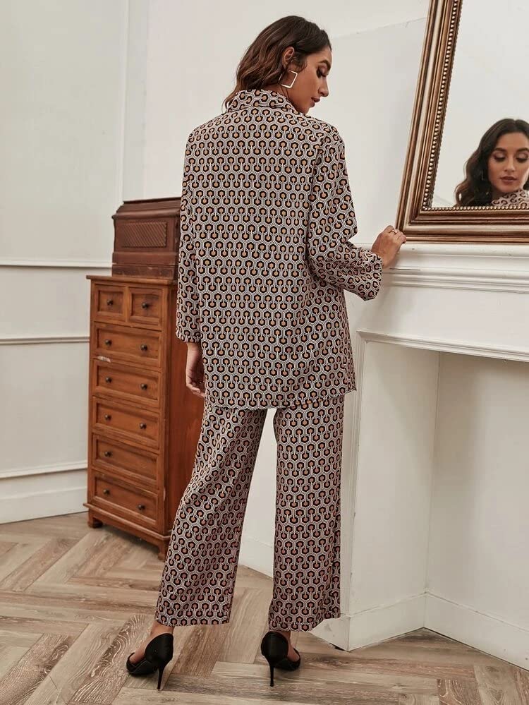 Greciilooks Women Co Ord Set| Geo Print Button Front With Wide Leg Pants| Long Sleeve Shirt| Straight Geo Printed Pant| Women Tw