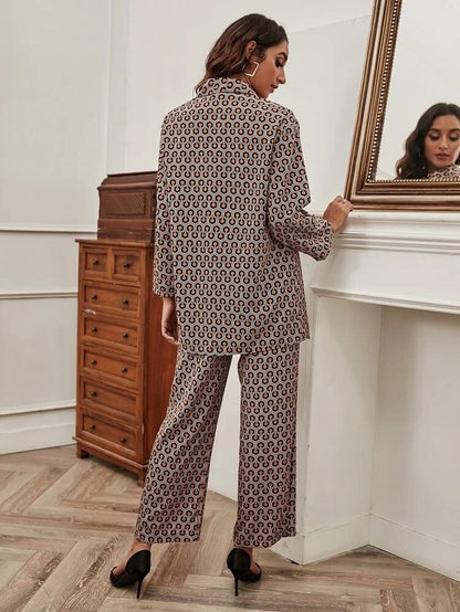 Greciilooks Women Co Ord Set| Geo Print Button Front With Wide Leg Pants| Long Sleeve Shirt| Straight Geo Printed Pant| Women Tw