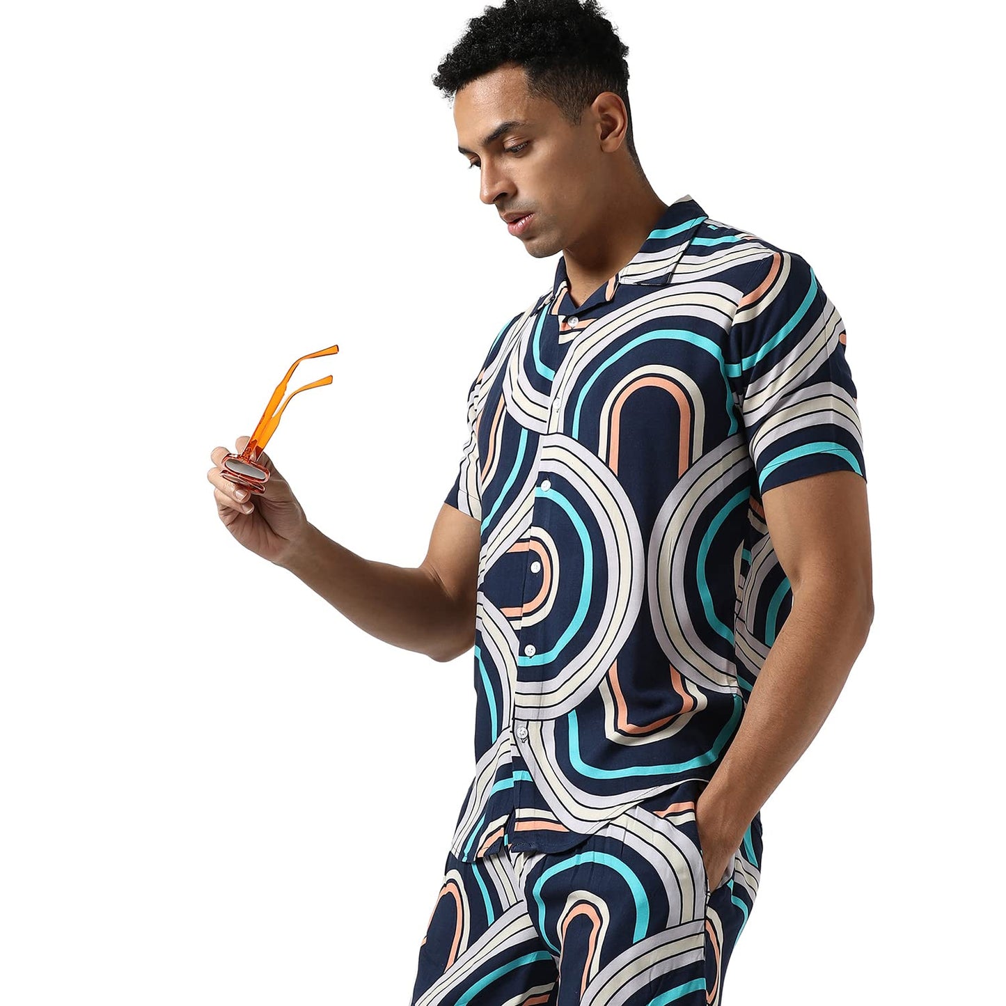 Campus Sutra Mens Navy Blue Printed Regular Fit Co-Ords Set For Casual Wear | Cotton Blend Fabric | Stretchable | Clothing Set