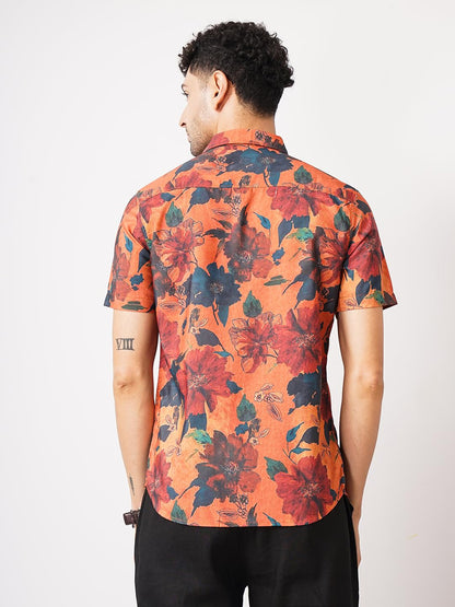 The Indian Garage Co Orange Regular Fit Spread Collar Floral Print Short Sleeves Shirt