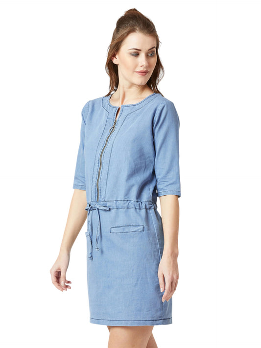 Miss Chase Womens Polo Neck 3/4 Sleeve Denim Midi Shift Dress (MCAW24DEN92-11-158-06, Light Blue, XL)