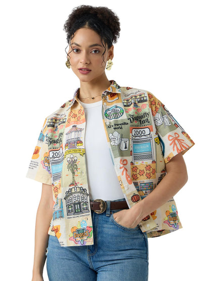 The Souled Store Gilmore Girls: The Bond Women and Girls Short Sleeves Collared Neck Button Front Multicolour Oversized Fit Cott