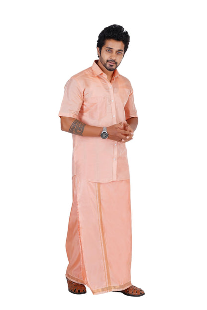 PRAKASAM COTTON-Mens Art Silk Tissue Wedding Set/Art Silk Tissue 8 Mulam (8-Yard) Dhoti and Stitched Half Sleeve Shirt