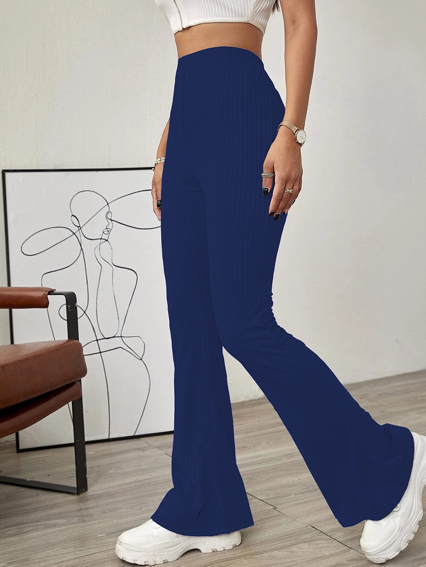Shasmi Navy Blue Womens Yoga Dress Pants Stretchy Work Slacks Business Casual Office Flare Bell-Bottom/Boot-Cut Elastic Waist R