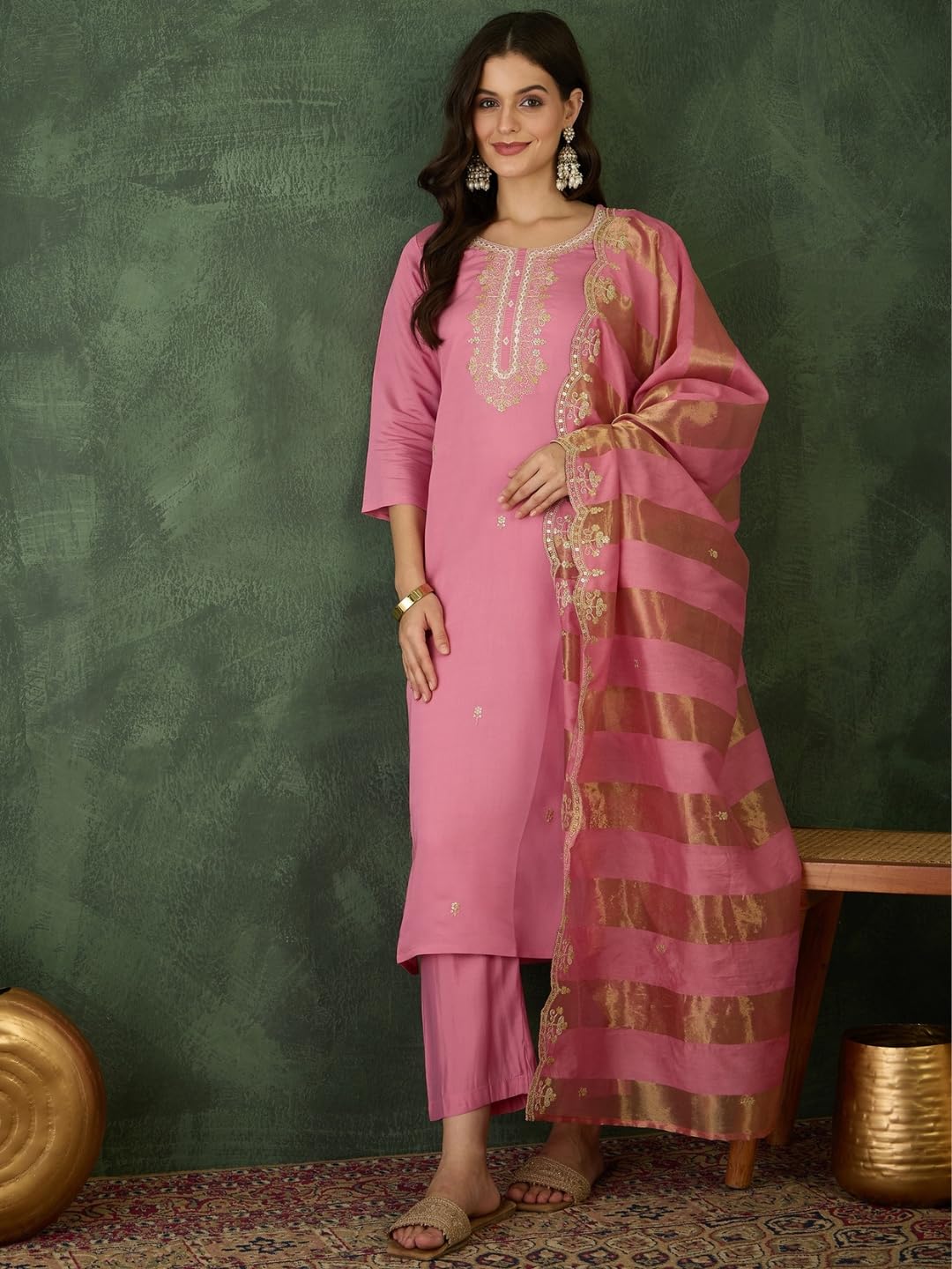Naixa WomenS Cotton Blend Embroidered Straight Kurta With Pant And Dupatta Sets For Wedding Party And Festival Wear (Nx-768-Pin
