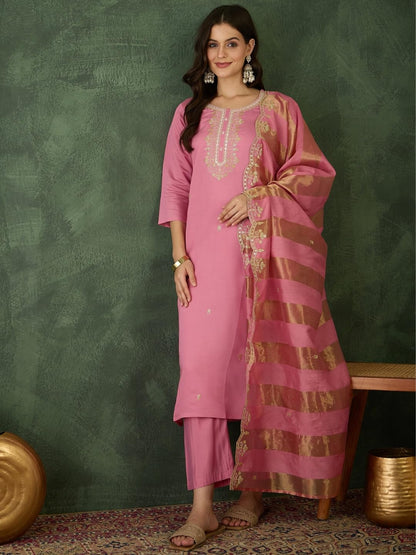 Naixa WomenS Cotton Blend Embroidered Straight Kurta With Pant And Dupatta Sets For Wedding Party And Festival Wear (Nx-768-Pin