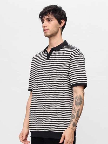 The Souled Store Jacquard Polo: Monochrome Men and Boys Short Sleeves Collared Neck Striped Cotton Blend Streetwear Trendy Drop