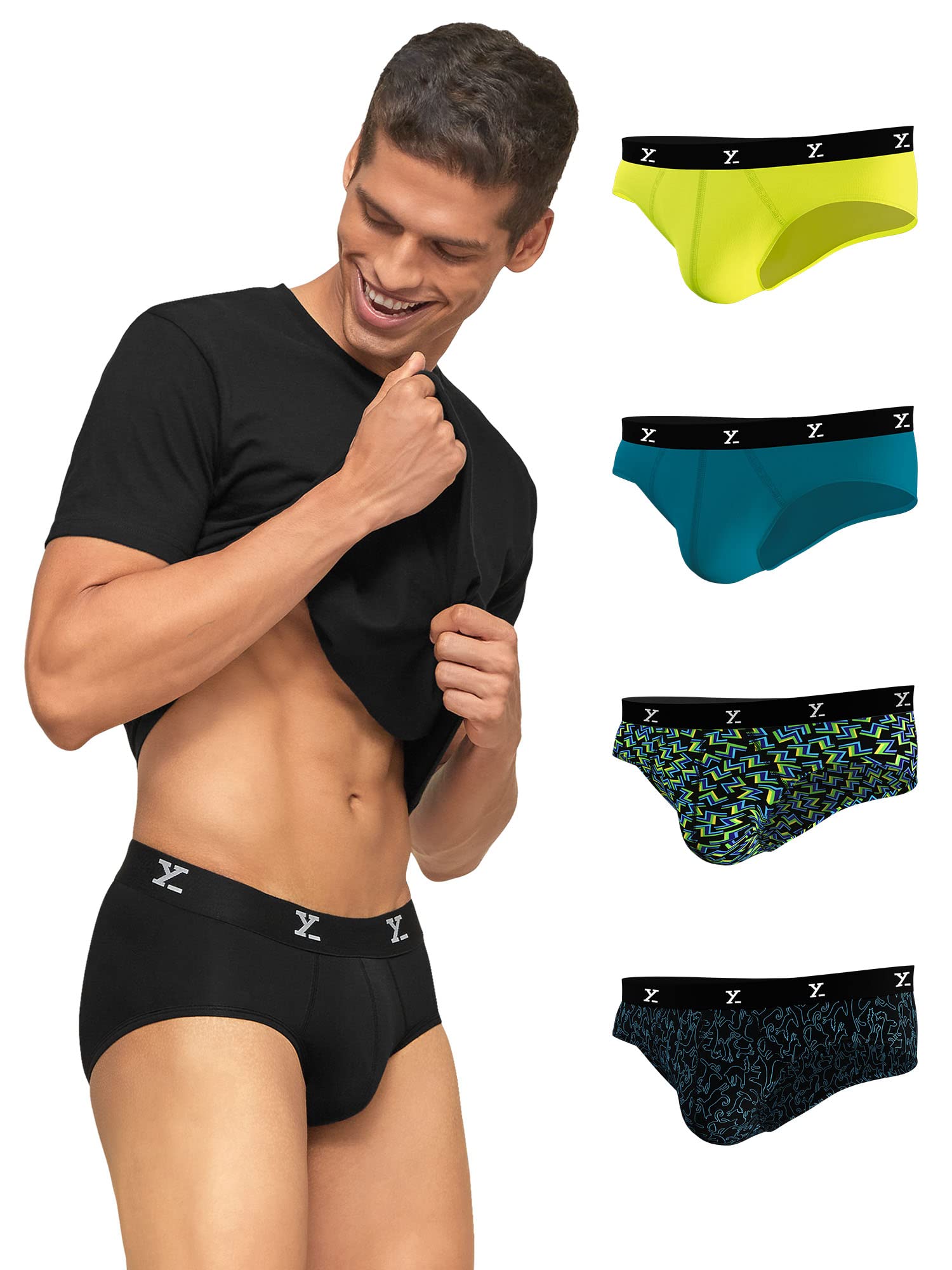 XYXX Mens Underwear Shuffle IntelliSoft Antimicrobial Micro Modal Brief Pack of 5 (Black ; Deep Sea Blue ; Lime Green ; Yoga PE