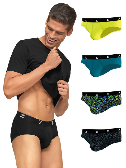 XYXX Mens Underwear Shuffle IntelliSoft Antimicrobial Micro Modal Brief Pack of 5 (Black ; Deep Sea Blue ; Lime Green ; Yoga PE