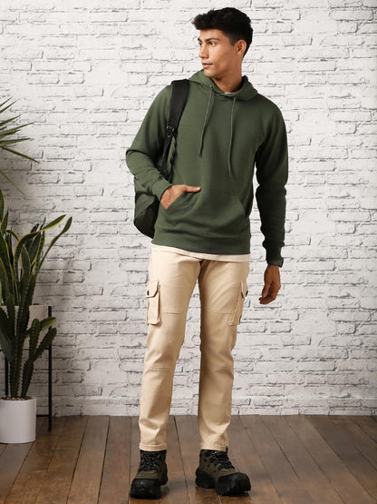 Nobero Elegant Unisex Olive Green Cotton Solid Plain Hoody Sports Winter Gym Workout Running Travel Trekking Hooded Sweatshirts