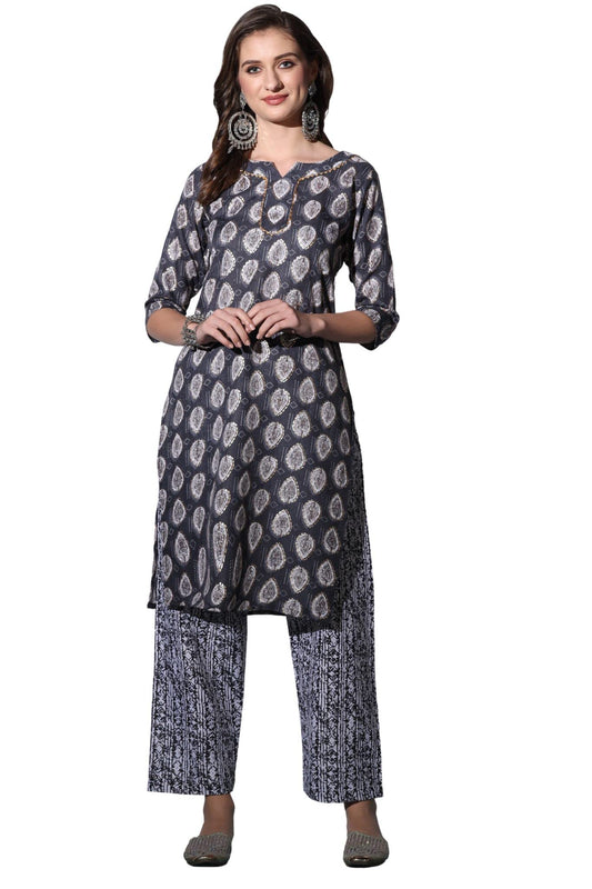 DHRUVI TRENDZ Kurti for Women | Cotton Blend Batik Leaf Printed Straight Kurtis | Boatneck Knee Length Kurtis for Women | Indian Kurta Perfect for Festival | Gift for Women |