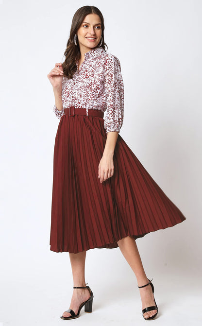 Kzully WomenS Print 3/4 Sleeve Pleated Midi Dress With Belt Maroon