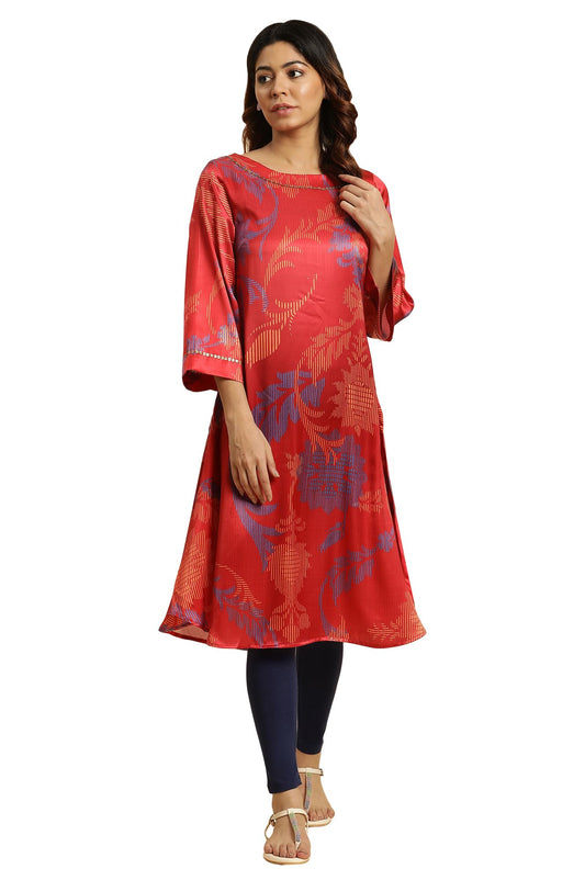 W for Woman Women's Satin Regular Fit Bold Floral Printed A-Line Kurta
