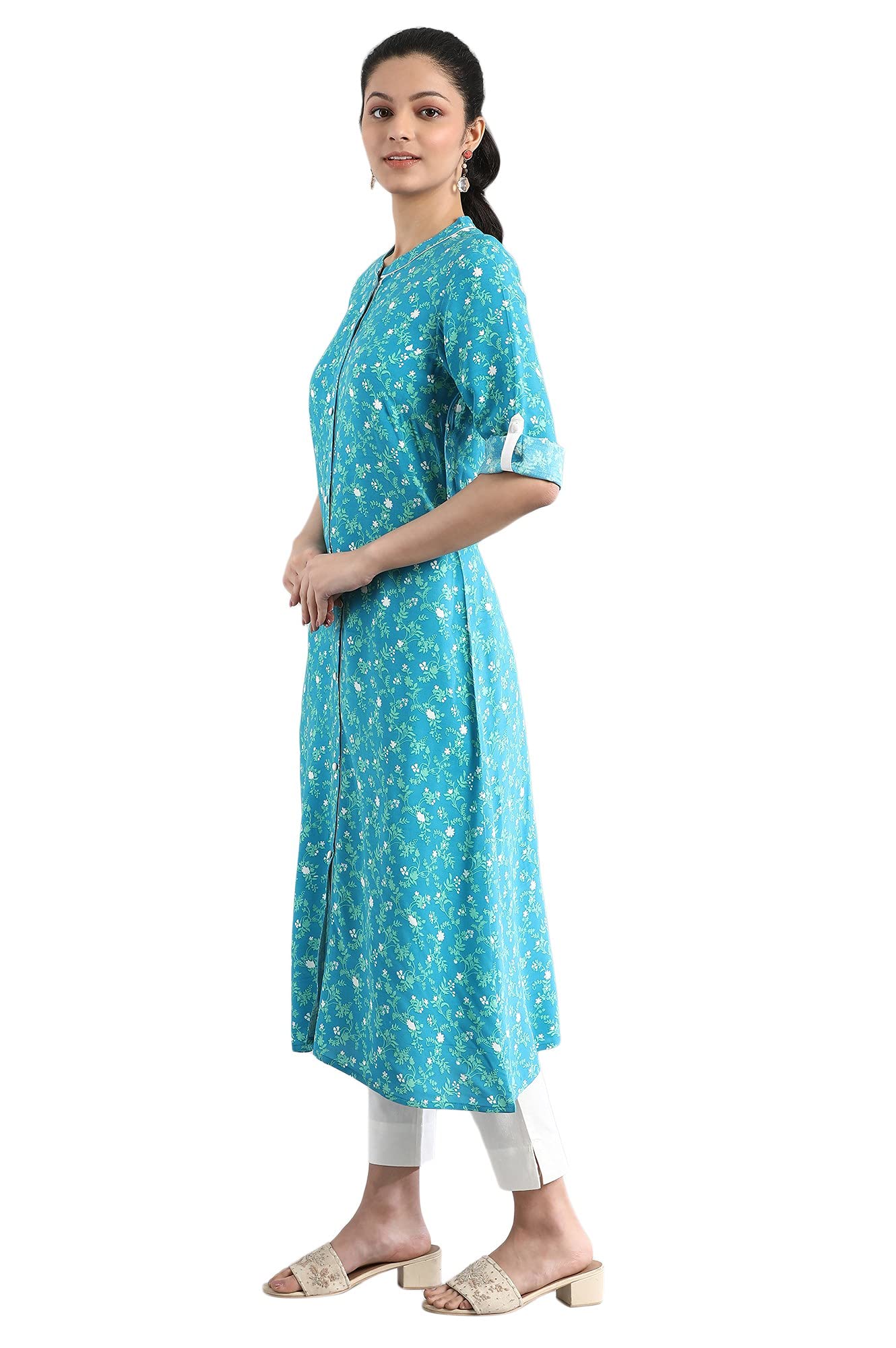 Aurelia Women's Viscose Regular Fit Casual Ethnic Floral Print Regular Kurta in Band Collar